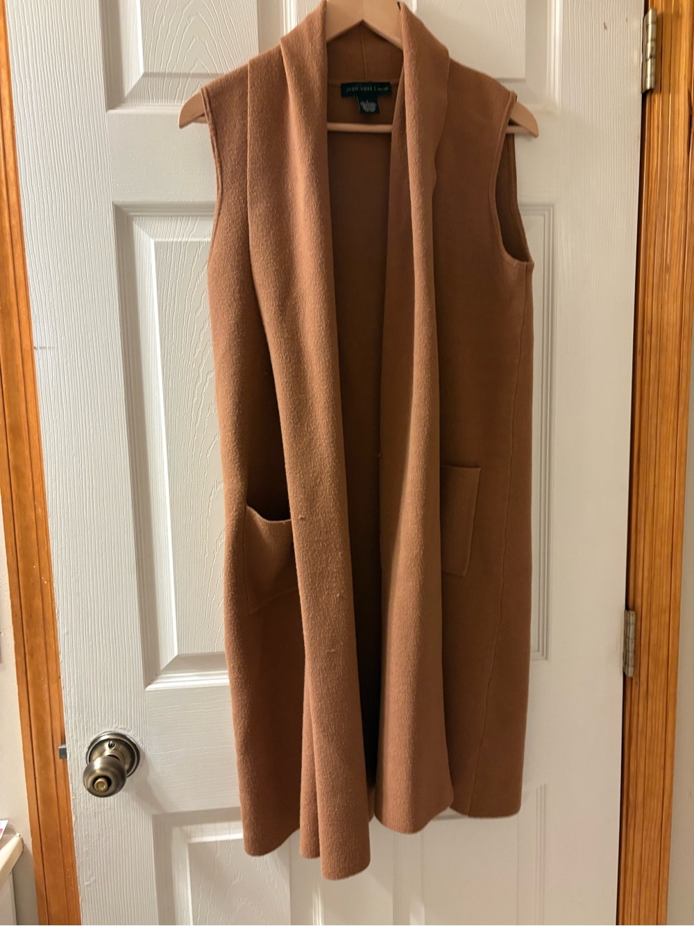 Joan Vass New York Long Vest Size L Camel Draped Open Front Pockets